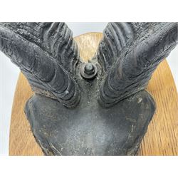 Antlers/Horns: Greater Kudu (Tragelaphus Strepsiceros), Pair of Kudu curved horns on partial skull, mounted on an oak shield, H120cm