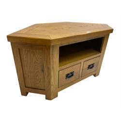 Oak corner television stand, hexagonal top over recessed shelf, fitted with two drawers to base