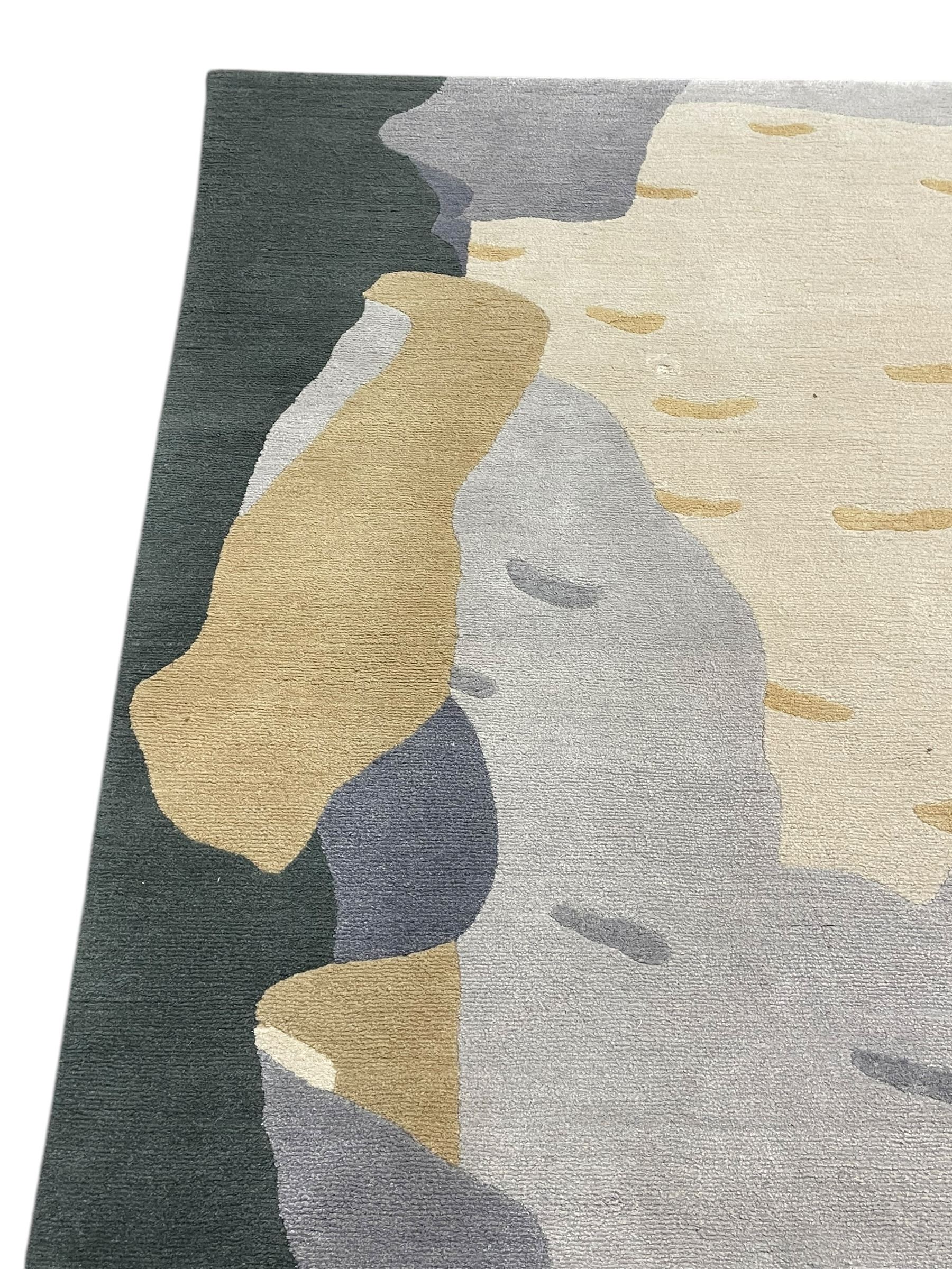 Deirdre Dyson London - 'Birch Tree' abstract rug, shades of grey and green depicting a birch trunk 