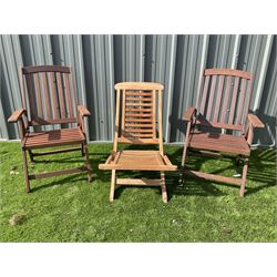 Two teak folding garden armchairs and folding lounger - THIS LOT IS TO BE COLLECTED BY APPOINTMENT FROM DUGGLEBY STORAGE, GREAT HILL, EASTFIELD, SCARBOROUGH, YO11 3TX