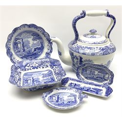 A large Spode blue and white Italian pattern novelty teapot, H33cm, with black printed mark beneath, together with a selection of other Spode blue and white Italian pattern wares. 