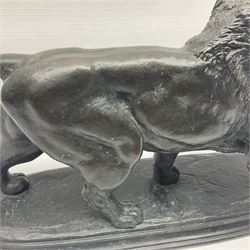 After Paul Edouard Delabrierre (French, 1829-1912), bronze, model of a lion, upon an oval base, signed E Delabrierre, overall H29.5cm, L46cm