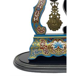 Breguet A Paris - Mid-19th century 8-day French portico clock, ebonised case with brass and cloisonne inlay, on a rectangular plinth with a shaped base, white enamel dial with blue Roman numerals, minute track and steel trefoil hands, cast brass bezel with scroll and foliate decoration and a conforming gridiron pendulum, twin train going barrel movement with a countwheel strike sounding the hours and half-hours on a bell, with an ebonised base and glass dome. 