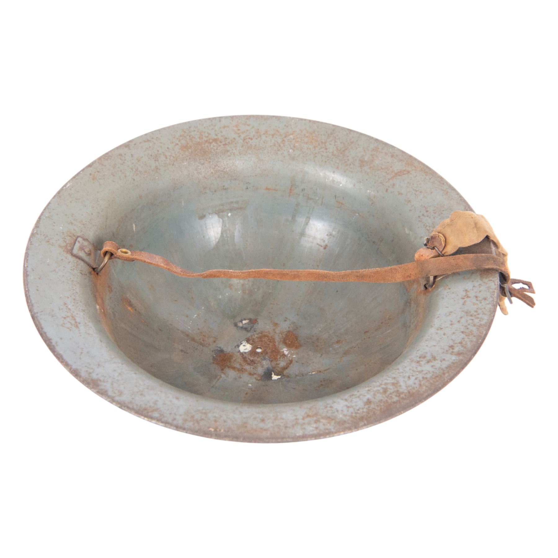 WWII Indian Army steel helmet, with chinstrap, together with Portuguese M30 steel helmet with liner and leather chin strap 