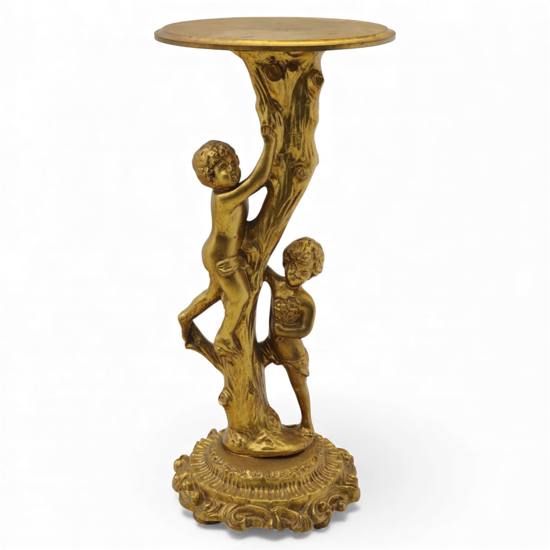 Late 20th century group of three decorative torcheres, comprising a putto-support stand (H 96cm, W 34cm), a gilt and painted columnar torchere on tripod base(H 112cm, W 48cm), and a gilt figural torchere with oval top (H 76cm, W 36cm)