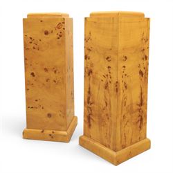 Art Deco style pair of burr walnut pedestals, rounded square top raised on a plinth base