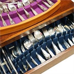 Suite of Kings Pattern plated cutlery for eight covers, in an oak cutlery trolley, and another canteen, trolley H78cm W64cm