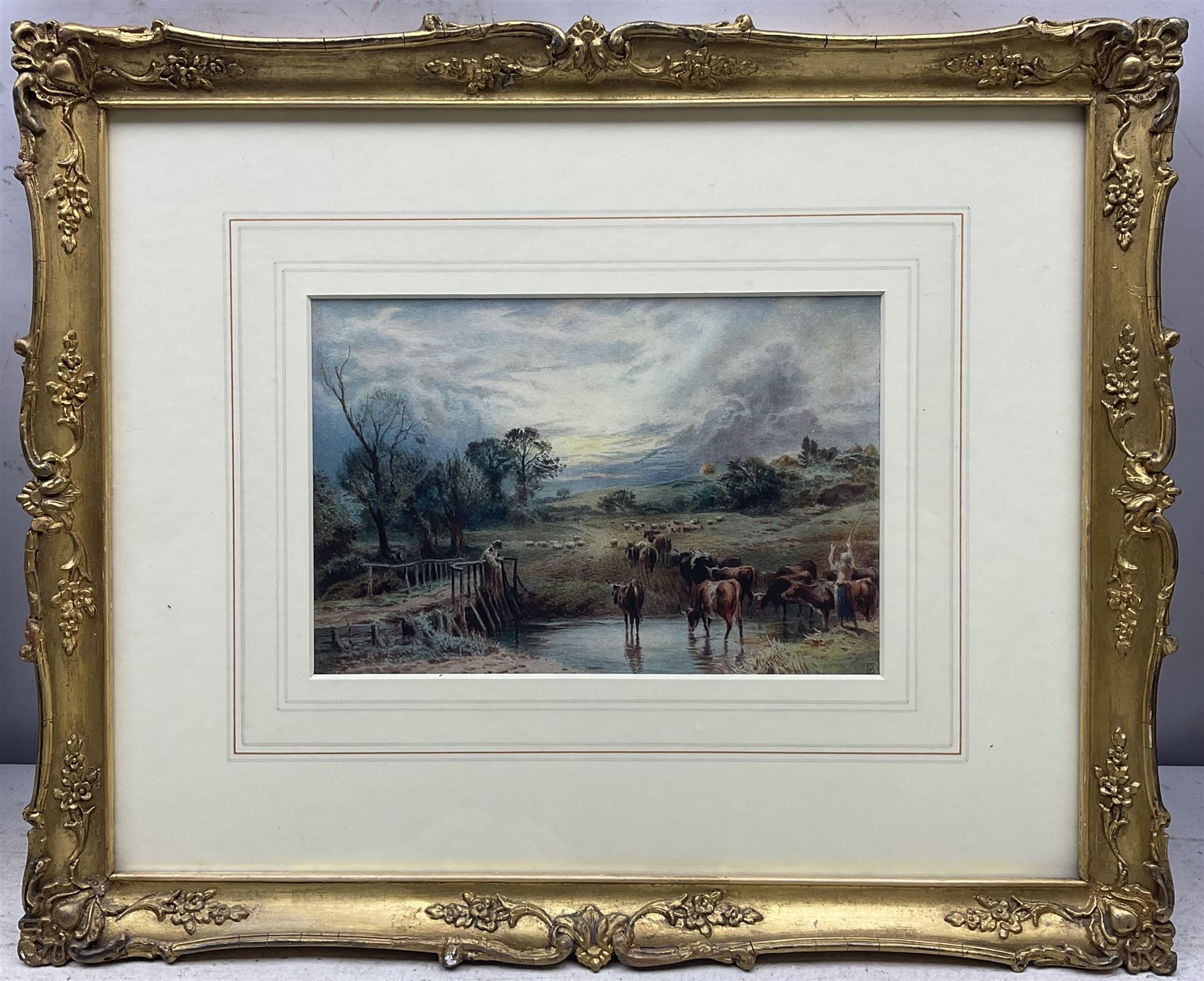 Myles Birket Foster RWS (British 1825-1899): 'Sunset with Cattle', watercolour signed with monogram 14cm x 21cm 
Provenance: private collection, purchased James Alder Fine Art, Hexham; with Christie's London 17th November 2010 Lot 149; exh. Sheffield Art Gallery, partial label verso