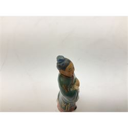 Japanese parquetry puzzle box L12cm; another Japanese puzzle box with marquetry top of Mount Fuji; eleven graduated Chinese figures including immortals; and Chinese figure of a lady standing on a hardwood base next to a horn table (14)