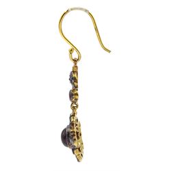 Pair of garnet and diamond pendant earrings, silver-gilt set cabochon garnets with diamond leaf design surround and 9ct gold fish hook backs