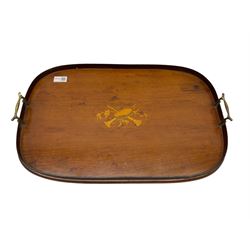 Edwardian walnut and marquetry inlaid serving tray, of rectangular form with musical influenced central panel and end brass carry handles, L54cm