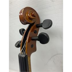 Three Stentor Student violins - three-quarter size with 33cm two-piece back; and two quarter size each with 28cm two-piece back; each in carrying case with bow (3)