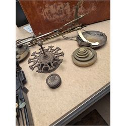 Large copper pan, brass jam pan, balance scales and weights, typewriter, leather suitcase and other metal ware