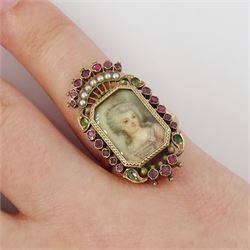 19th century 18ct gold portrait ring, set with an octagonal miniature of a woman wearing a pink dress on ivory, under a glazed panel, within a milled bezel and garnet surround, surmounted by a coronet set with seed pearls and further garnets. This lot has been registered for sale under Section 10 of the APHA Ivory Act