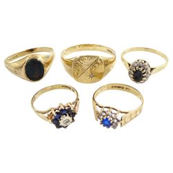 Gold single stone diamond chip signet ring, gold bloodstone signet ring and three other gold stone set rings, all 9ct hallmarked