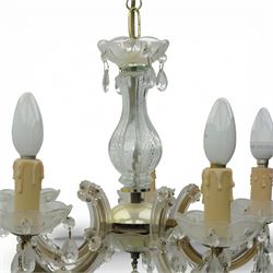 Mid-20th century glass and brass five branch chandelier, with glass drops and drip trays 