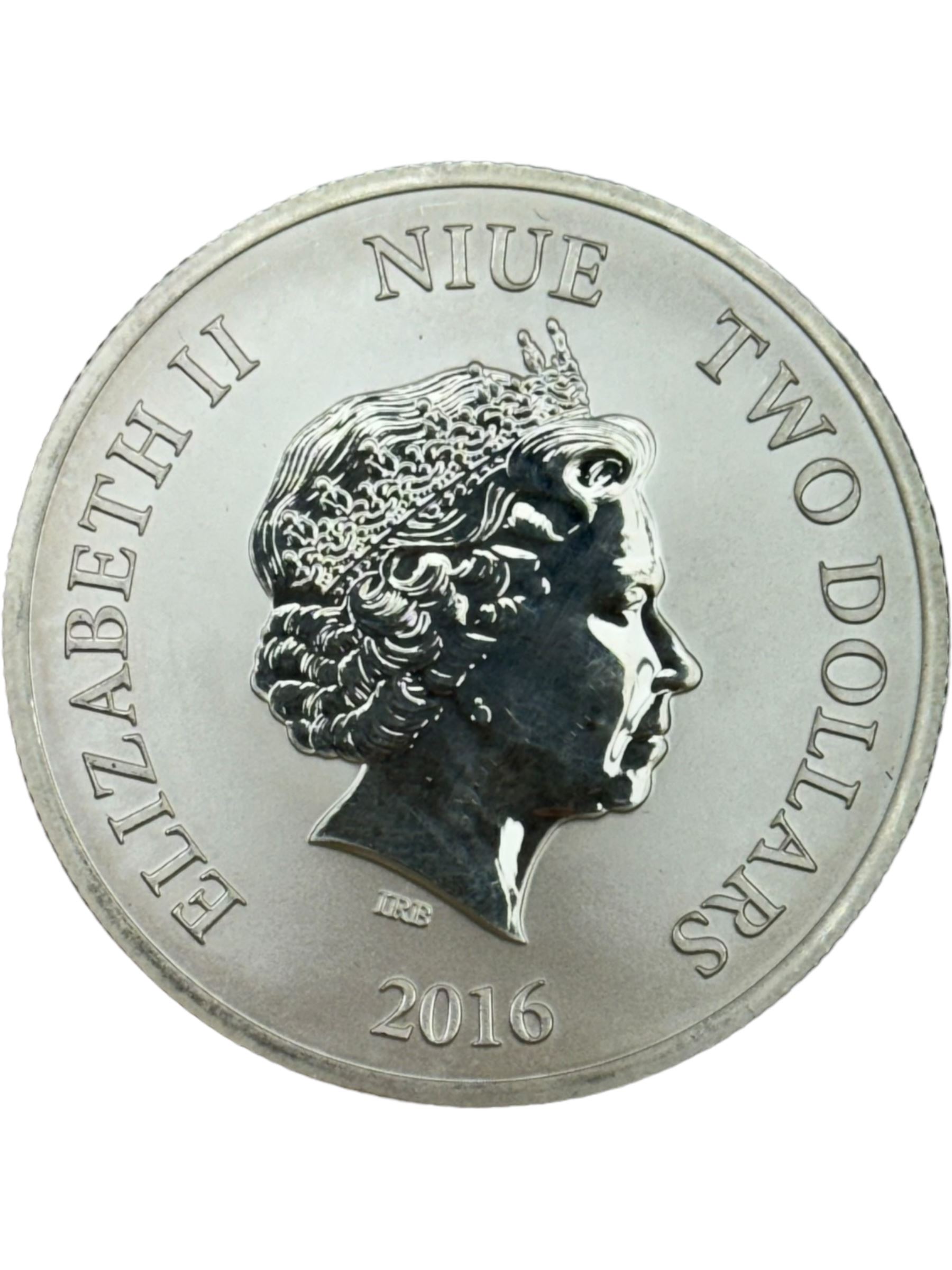 Five Queen Elizabeth II Niue one ounce fine silver two dollars coins dated 2016 'Turtle', 2017 'Panda', 2017 'Darth Vader', 2018 'Stormtrooper', 2019 'Clone trooper' and two Fiji one ounce fine silver one dollar coins dated 2015 'Iguana', 2016 'Iguana' (7)