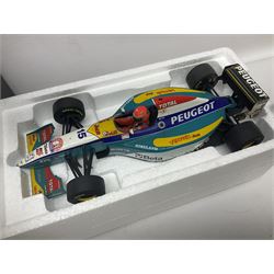Four Minichamps 1:18 scale die-cast racing cars - Williams F1 Team BMW FW26 R. Schumacher; McLaren Mercedes MP4-12 D. Coulthard; McLaren Mercedes MP4-13 M. Hakkinen; and Formel 1 Jordan peugeot EJR 195 E. Irvine; all boxed (4)