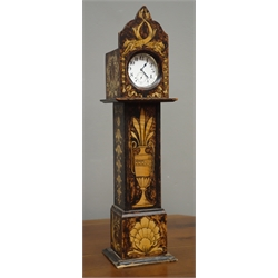  Edwardian Pocket Watch stand in the form of a miniature longcase clock, penwork decorated with an urn, H35cm, a Terma keyless wind pocket watch with square enamel dial, back engraved with gun dogs, another keyless wind pocket watch movement stamped Cyma, (3)  