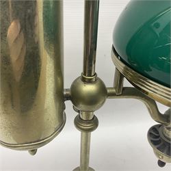 William H Honey polished brass adjustable student's oil lamp, with green glass shade, H60cm