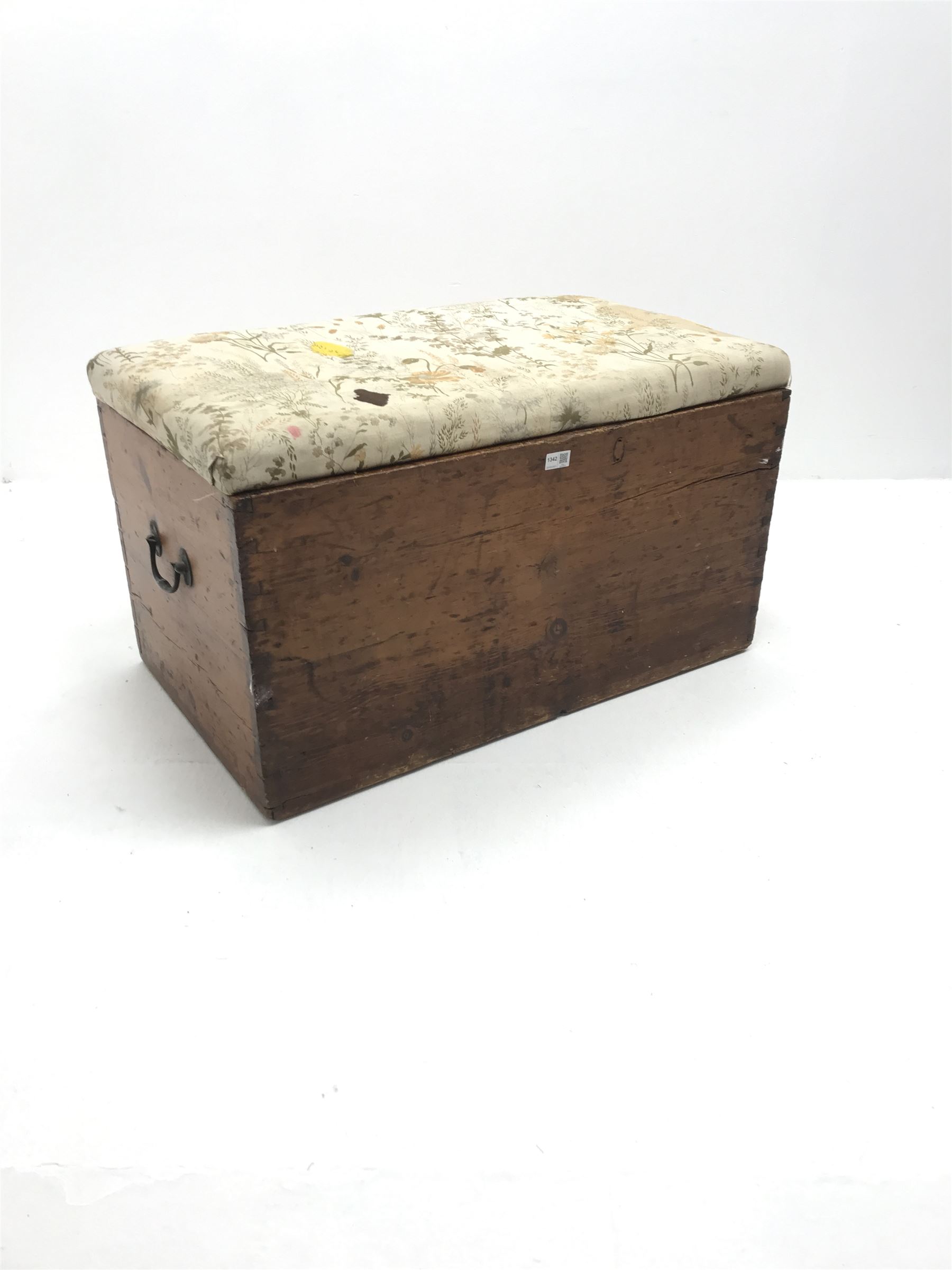 19th century pine blanket box, single hinged upholstered lid The