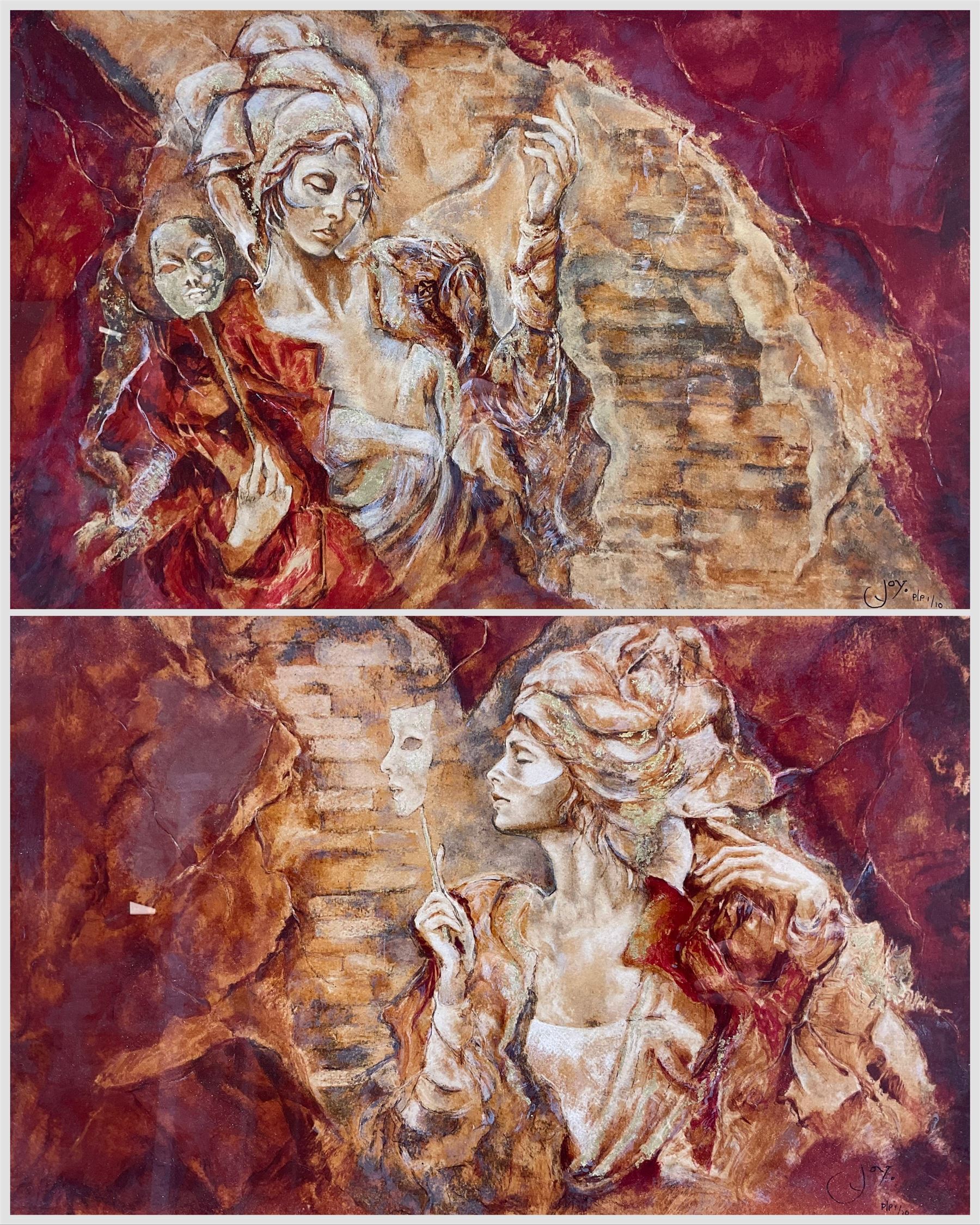 Joy Kirton Smith (British Contemporary): ‘Faces and Masks I & II’, pair printer's prof silkscreen prints on canvas signed and numbered 1/10, 37cm x 57cm (2) 