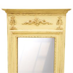 Traditional design cream pier mirror, projecting cornice and applied foliate detailing,, bevelled mirror plate