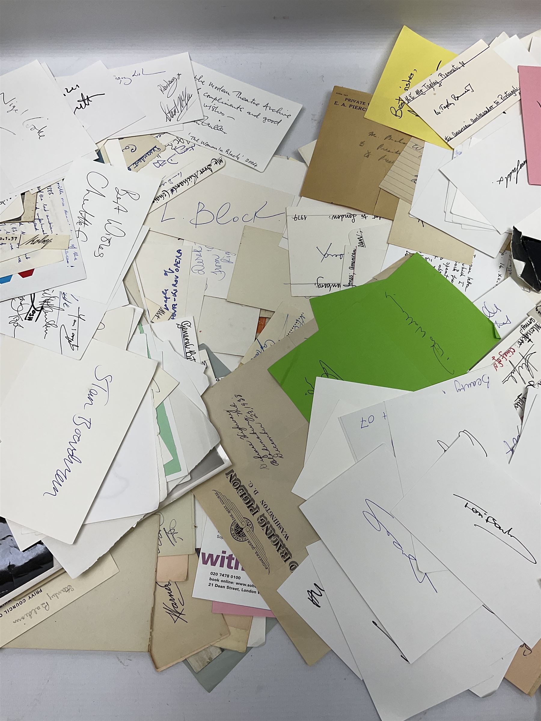 Collection of over 600 autographs on cards, clipped pieces, letters etc including William Gladstone, Lord North, Randolph Churchill, Hugh Dalton, Philip Noel-Baker, Philip Burne-Jones, Tiger Woods, Ben Hogan, Cindy Crawford, Viv Nicholson, Roddy Doyle, Diana Cooper, Woody Allen, Roy Orbison, Mary Wilson, Sammy Davis Jr., Clive Brook, Roger Quilter, Chay Blyth, Chris Bonington, John Lodge, Trevor Bayliss, Penelope Wilton, Tom O'Connor, Charles Aznavour, Alan Tichmarsh, Michael Ball, Thelma Barlow, Jack Brymer, Paul Badura-Skoda, John Lill, John Conteh, Charlotte Knollys, Arthur Godfrey, Eric Sykes, Queen Noor of Jordan, Victoria Gledenning, Madeleine Albright etc