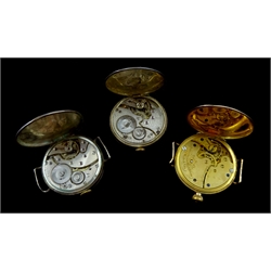 9ct gold Waltham wristwatch No.9054915, case by Benson Brothers, Chester 1921, Swiss silver wristwatch case by Wilsdorf & Davis, London 1915 and a Swiss silver calendar wristwatch stamped 800 (3)