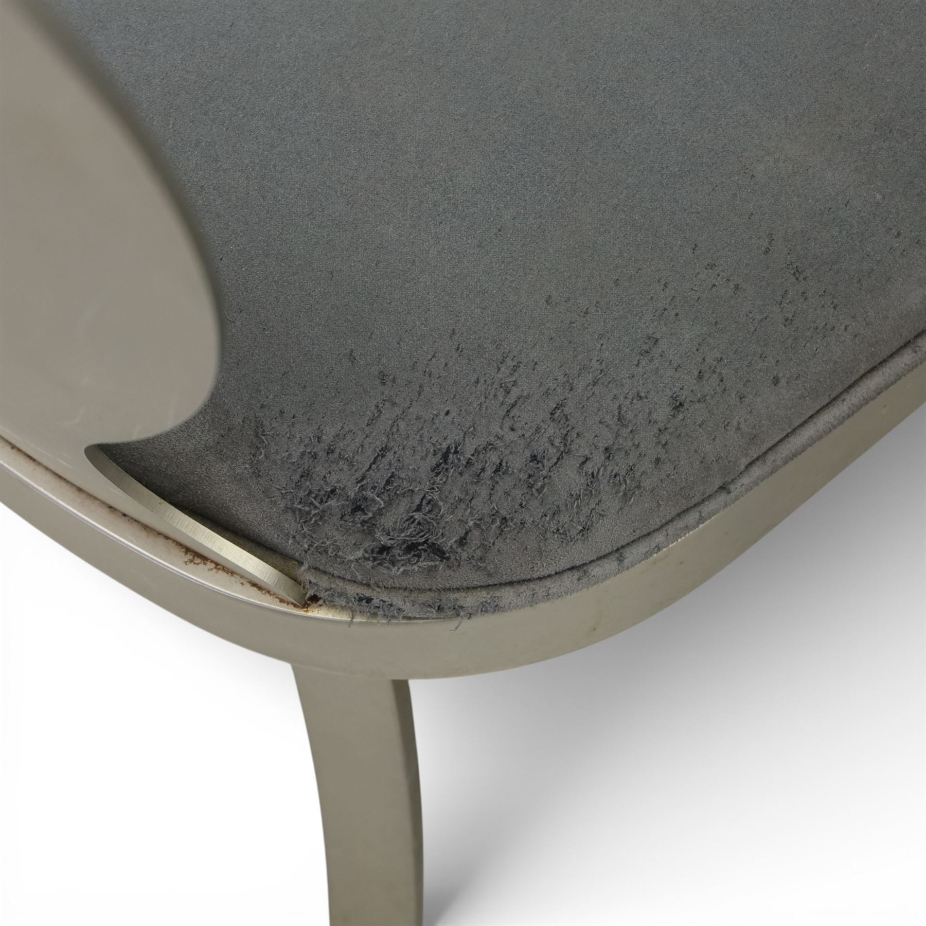 Ethan Allen - 'Radius' pair of stools and three chairs, metal pierced back with spiral cut out, plush blue velvet seat, raised on metal tapering supports