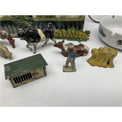 Chad Valley clockwork Fordson Major Tractor, a group of play worn Britains and other lead and metal farm animals, figures and accessories including a kennel, haystacks, dovecote, cows, sheep etc, together with a diecast model of a Tandem Bike L31cm