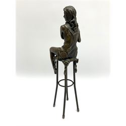 Art Deco style bronze modelled as a female holding her knee in her hands, seated upon a chair, signed 'Pierre Collinet', H27cm