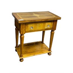 Barker and Stonehouse -  contemporary 'Flagstone' side table, rectangular crossbanded top with central diamond inlay, over single frieze drawer with faceted glass pulls, turned columns and undertier shelf, raised on bun feet