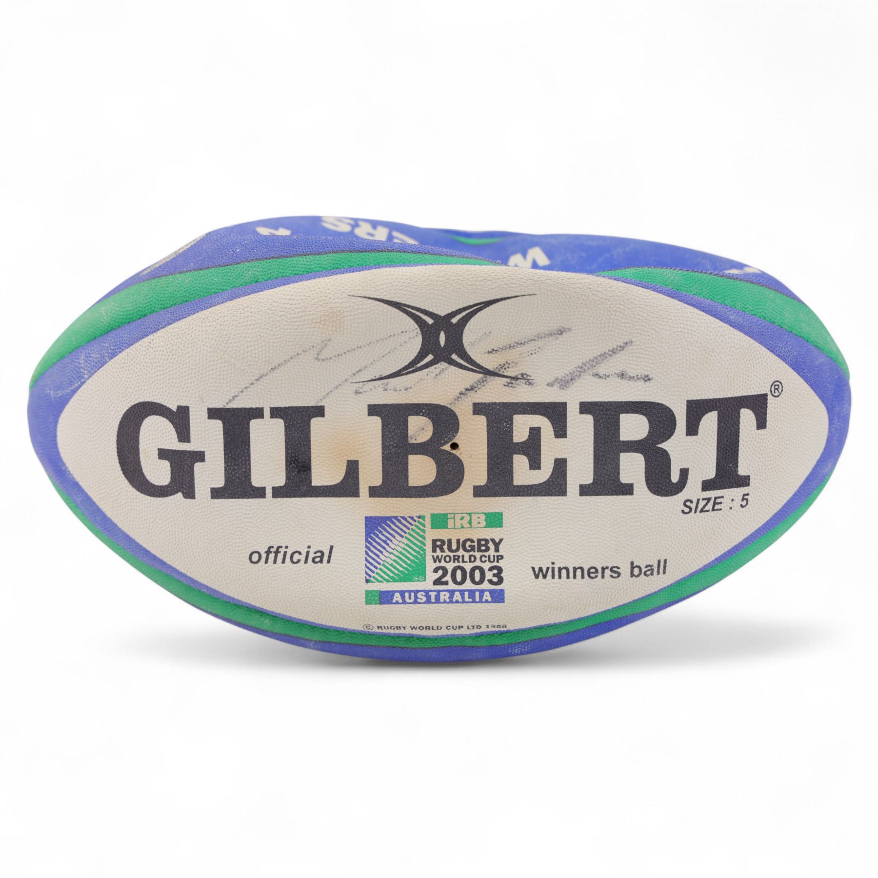 Three signed rugby balls, including 2017 Lions Tour Rhino Jumbo ball, signed by eight players, including Greig Laidlaw, Rugby world cup 2003 example and a 2001 British Lions example