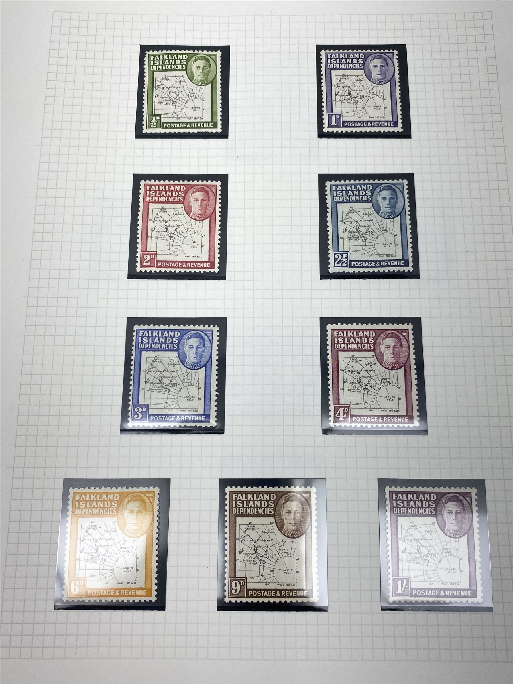 Falkland Islands, King Edward VII and later stamps, including 1904-12 values to one shilling unused, King George V 1912-20 values to five shillings unused etc, housed on pages