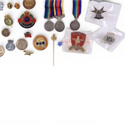Two silver Merchant Navy service medals, both hallmarked, five other medals including miniatures and a collection of enamel pin badges