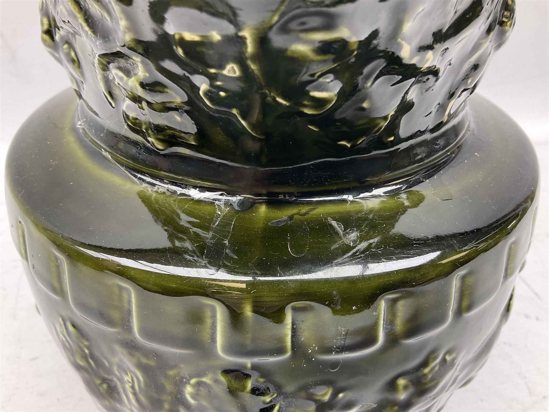 Three jardinières comprising West German Gerz example decorated in relief, Doulton Slaters example with frilled everted rim and a majolica example, and a further two Arthur Wood majolica jugs (5)