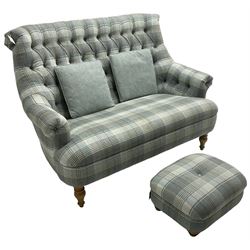 Wood Bros Furniture - 'Pickering Compact Two Seater Sofa', high rolled back, upholstered in buttoned 'Abraham Moon Huntingtower Celestial Fabric' in blue tartan, raised on turned oak feet, with matching footstool