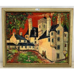 Lady Brenda Steel-Maitland (British ?-2003): 'Red Sky' Castle Gogar near Edinburgh, oil on board, signed, titled and inscribed verso 49cm x 60cm
