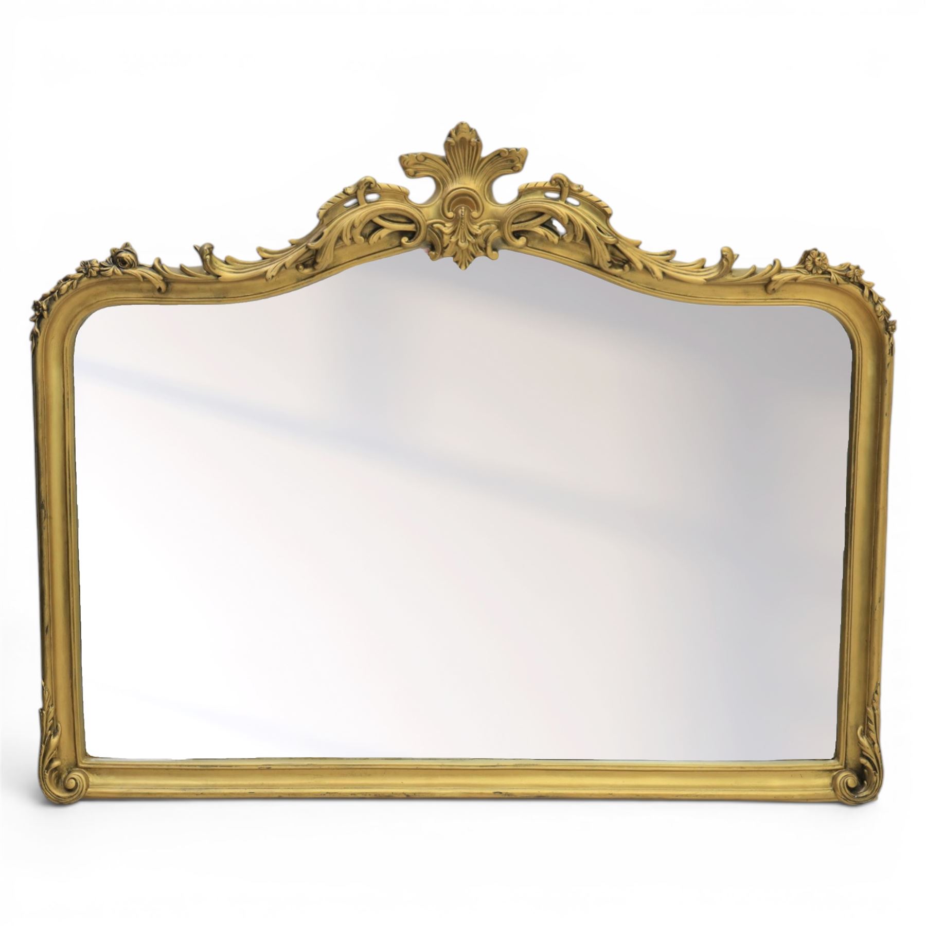Rococo design rectangular wall mirror, featuring shaped top with shell pediment, leaves and scrolling decoration