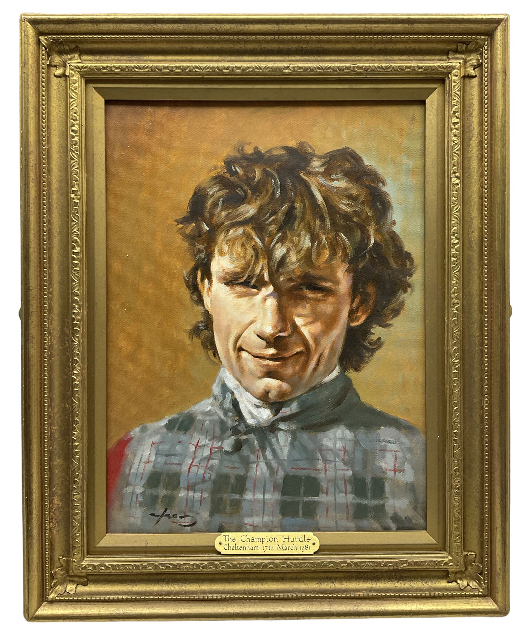 Graham Isom (British 1945-): 'The Champion Hurdle Cheltenham 17th March 1981' Portrait of John Francome Jockey of Sea Pigeon, oil on canvas signed, inscribed on frame 39cm x 29cm
