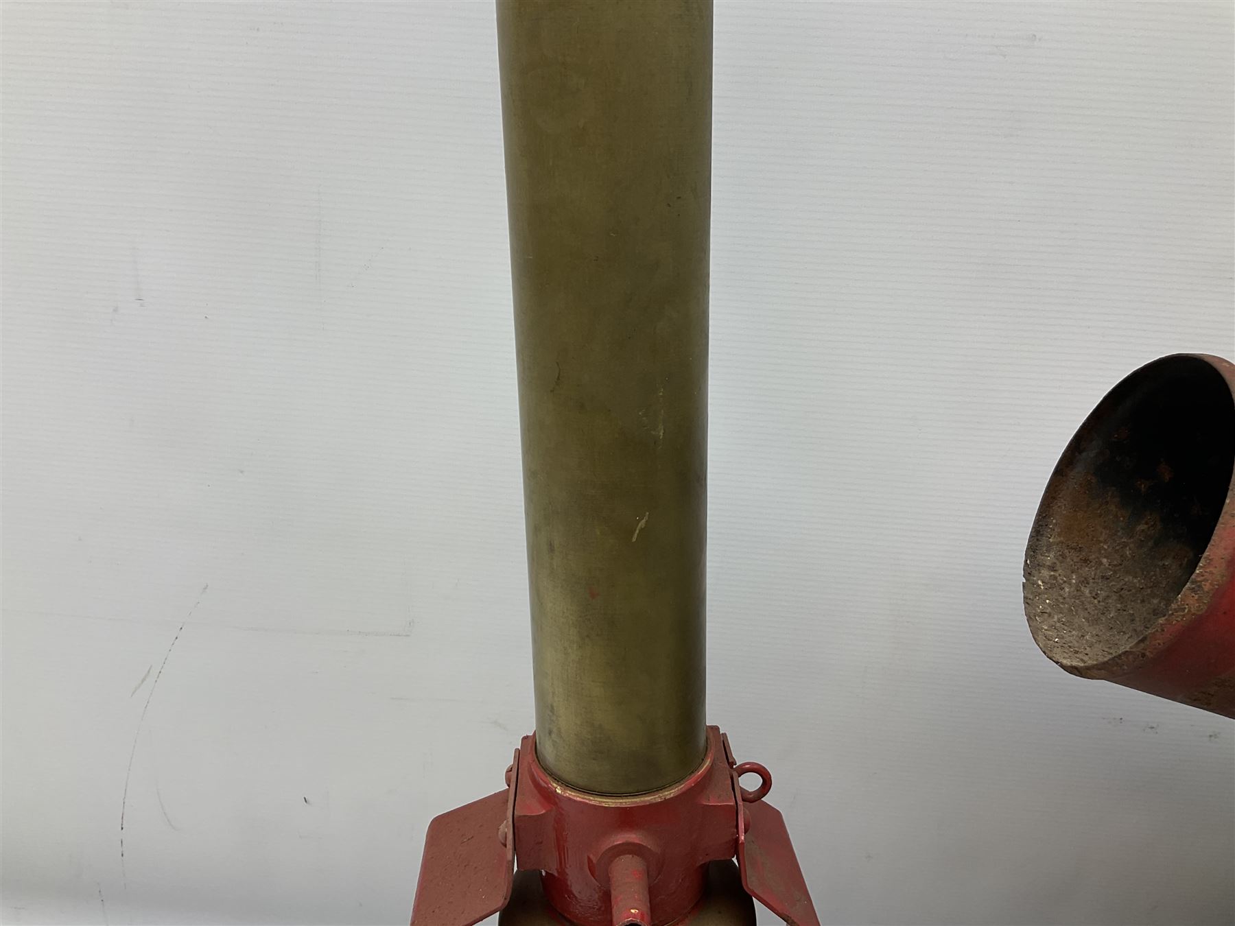 Blue and red painted gas powered bird / pest scarer, bearing label 'Exid bird & pest scarer, imported by C.R.E.A.C.O Hadleigh, Essex', , copper and brass Cymag gas hand pump, three eel spears and a set of badger tongs. Auctioneer's Note: These traps are sold as artefacts for ornamental purposes only as the use of some of them is illegal.