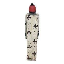 Folk art circus clown cabinet, the the two hinged doors with bow tie decoration opening to reveal fitted shelved interior, the body painted with polka dots and spades, H121cm