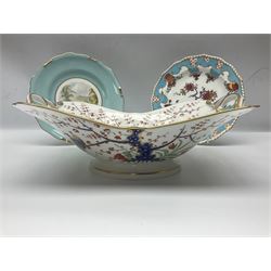 19th century Royal Crown Derby in cherry tree pattern, twin handled sauce dish and saucer and twin handled dish, together with three Royal Crown Derby plates, including one signed WEJ Dean