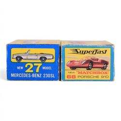 Eight diecast model cars, comprising Corgi Toys no. 233 Heinkel Economy Car with orange body, two Matchbox Superfast examples no. 56 BMC 1800 Pininfarina and no. 68 Porsche 910m two Matchbox Series Moko Lesney examples no. 54 and no. 73 and three Matchbox examples no. 27 Mercedes Benz 230SL, no. 38 Camper and no. 17 The Londoner, all boxed