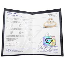 14ct rose gold pink / peach sapphire and diamond ring, single oval cut sapphire of 3.07 carat, with two round brilliant cut diamonds and a pear cut diamond set either side, stamped, total diamond weight 0.11 carat, with Gem Lab report