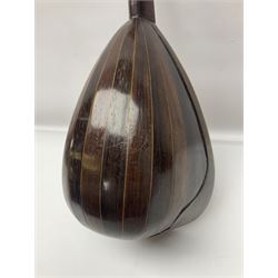 Late 19th century Italian lute back mandolin with segmented bowl back, bears label Gennaro Maglioni Napoli L61cm; in ebonised wooden case; together with another similar damaged Italian lute back mandolin for restoration or spares (2)