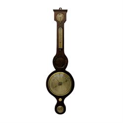 A Victorian mahogany wheel barometer with a mercury cistern, c1880, with a flat top and rounded base, 8” silvered dial with weather predictions, steel indicating hand and brass recording hand, short spirit thermometer, butlers mirror (missing), hygrometer and spirit level.


