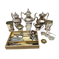 Collection of silver plate, to include two Walker & Hall silver plate tankards, Oneida silver plate tea and coffee set comprising coffee pot, teapot, milk and sugar, and flatware 