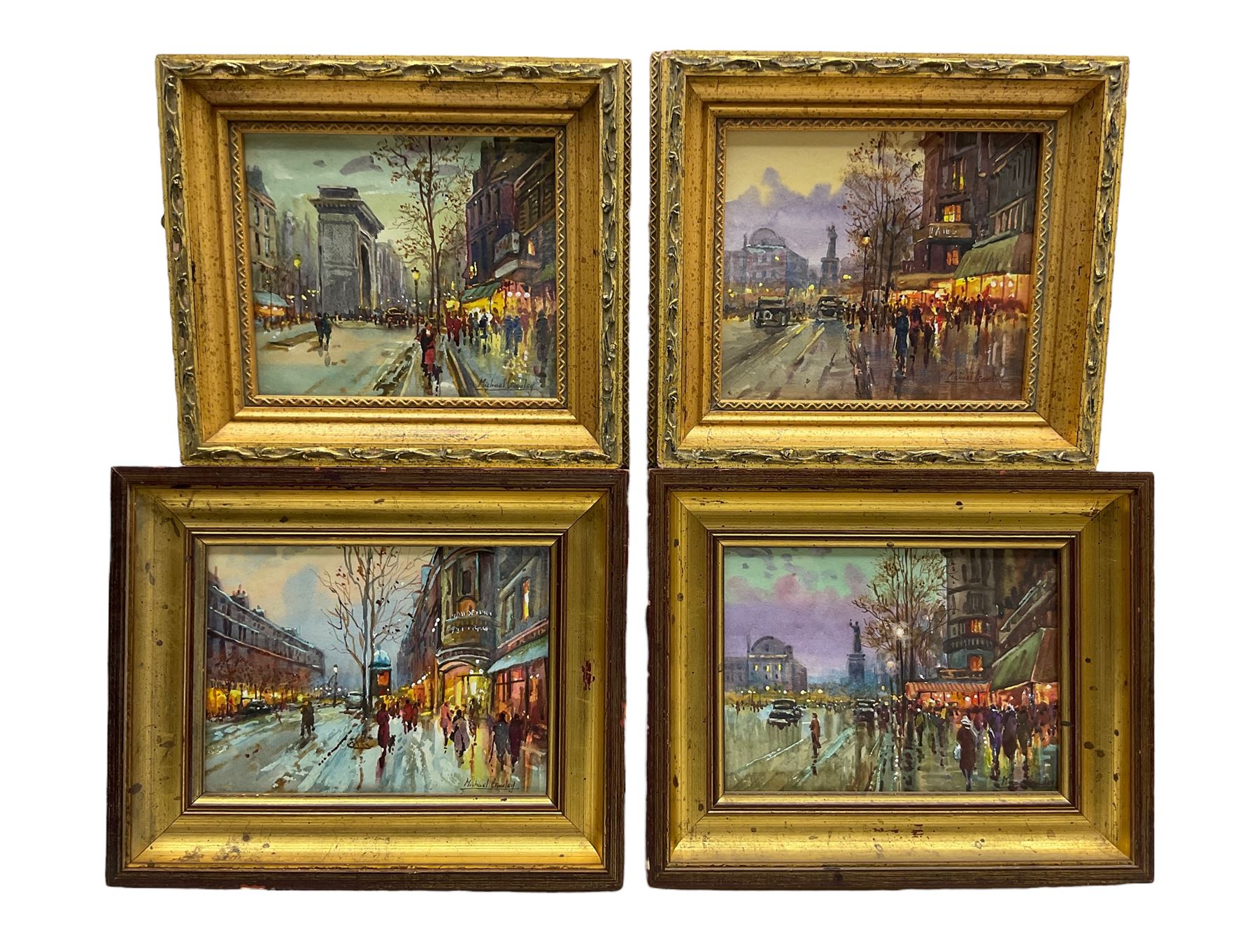Michael Crawley (Derbyshire 1938-): Parisian Views - 'Boulevard Des Italiens', 'La Porte Saint Denis', and 'La Place de la Republique', set four watercolours signed, titled verso 14cm x 17cm (4)